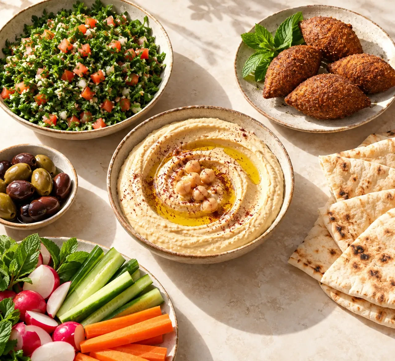 Cuisine libanaise recette : table de mezze avec houmous, taboulé et préparation chaude