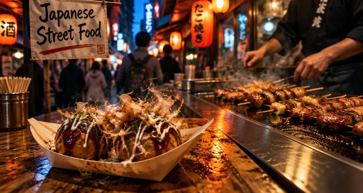 Japanese street food : takoyaki fumants dans une ruelle de marché japonais