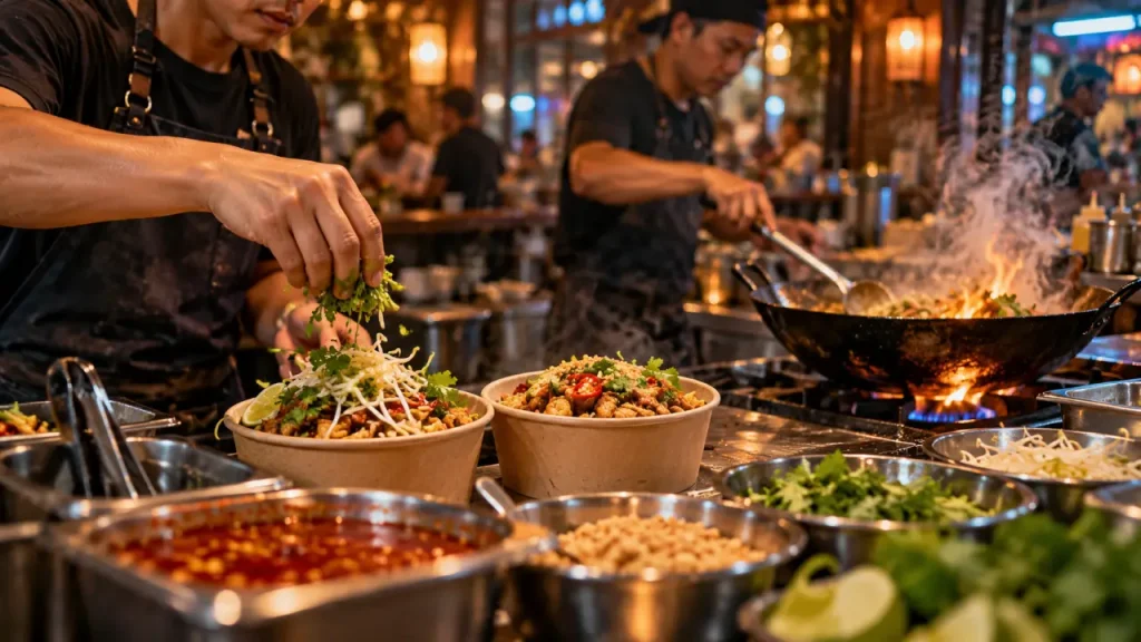 Koa Thaï street food cantine à Strasbourg, bols à emporter et wok fumant
