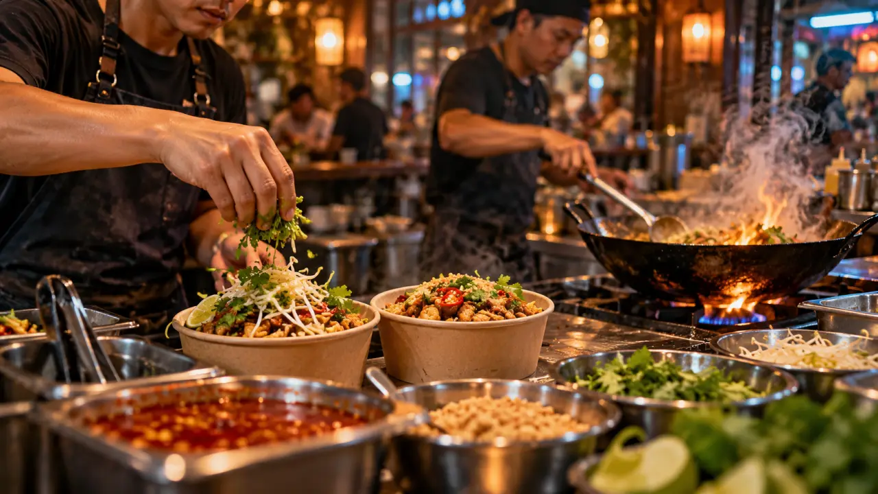Koa Thaï street food cantine à Strasbourg, bols à emporter et wok fumant