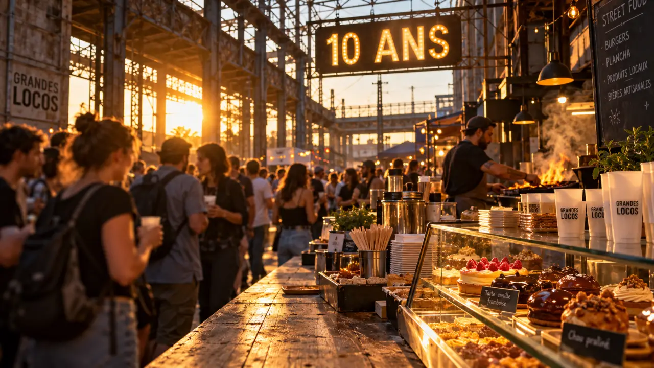 Lyon street food festival aux Grandes Locos : table pâtisserie à l’heure dorée