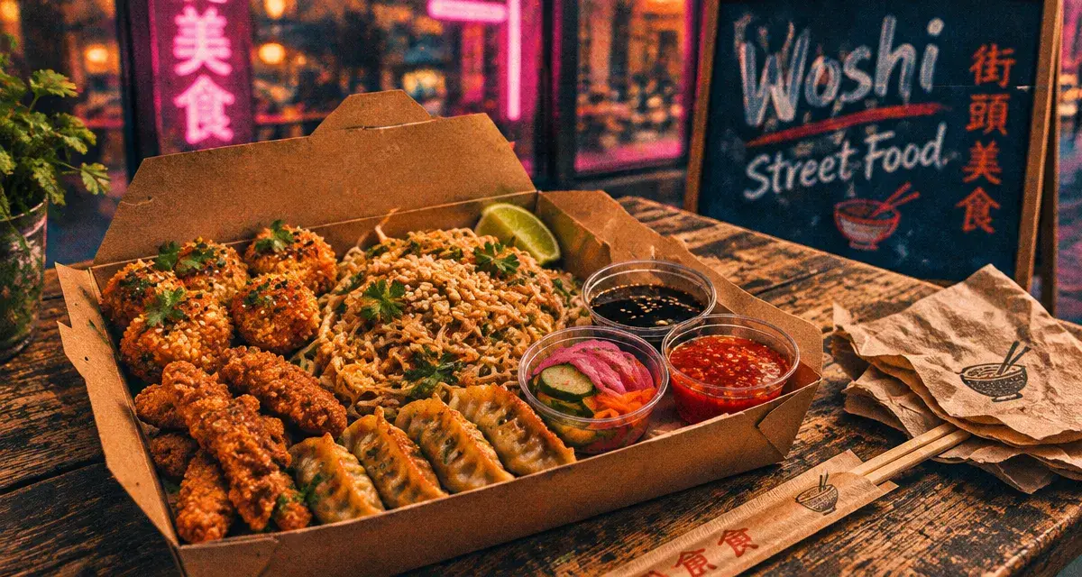 woshi asian street food la grande motte : boîte à emporter sur table, gyozas et pad thaï